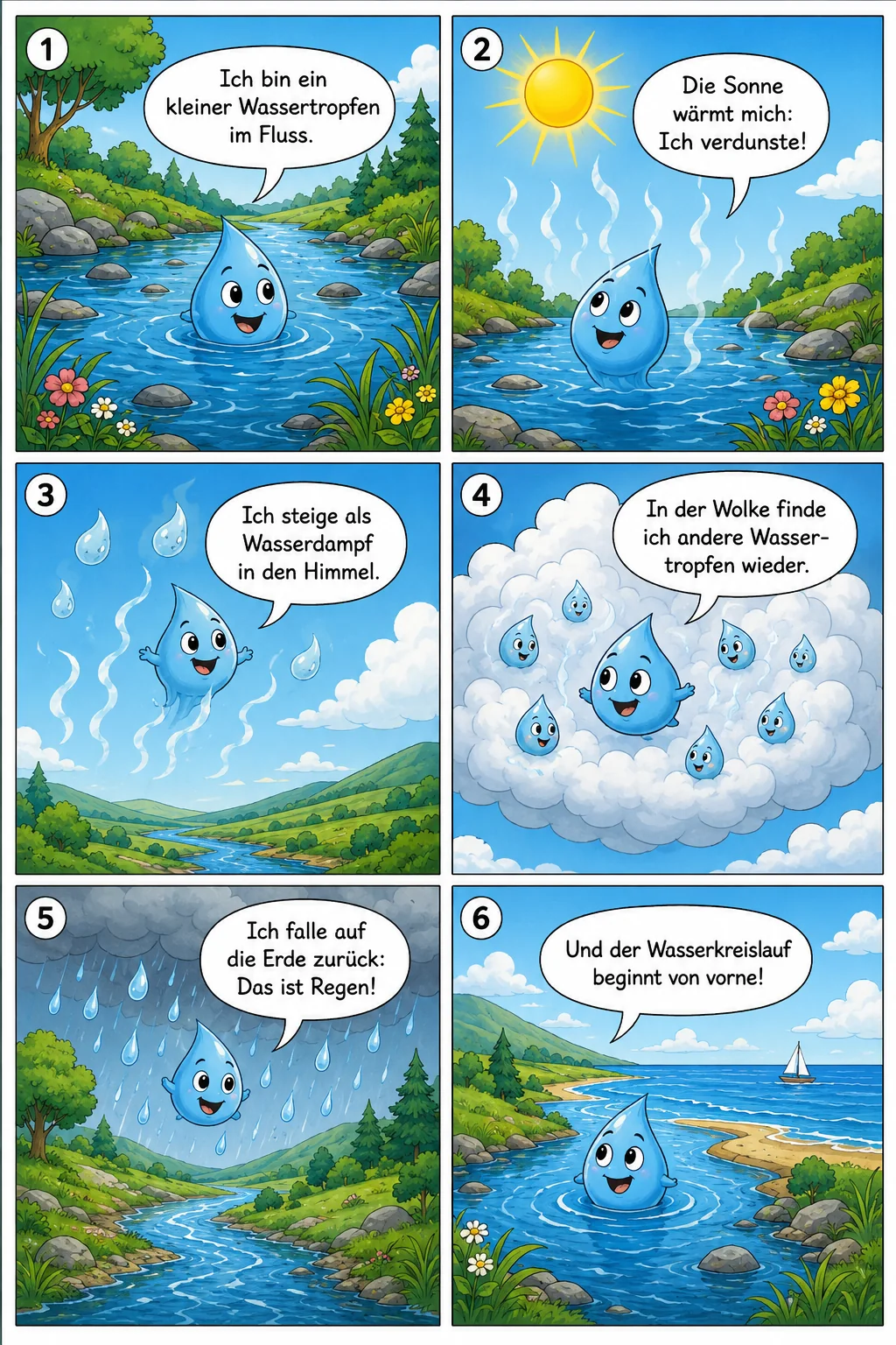 Paedagogische Comicseite zum Wasserkreislauf mit einem personifizierten Wassertropfen