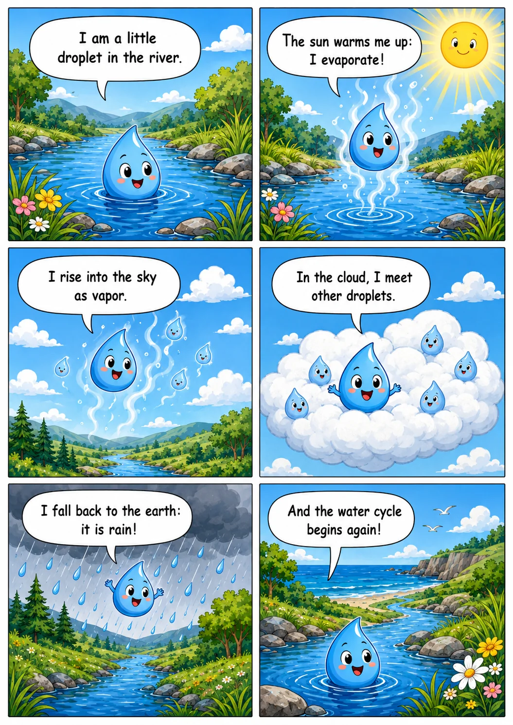 Educational comic page explaining the water cycle with a personified droplet