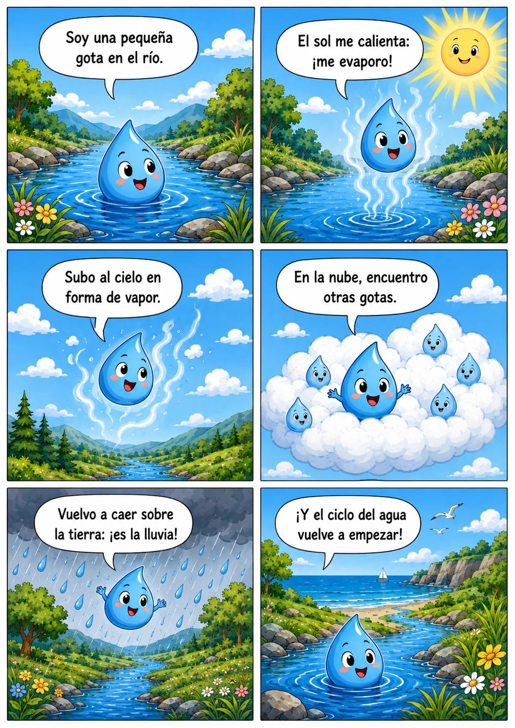Pagina de comic educativo que explica el ciclo del agua con una gota personificada