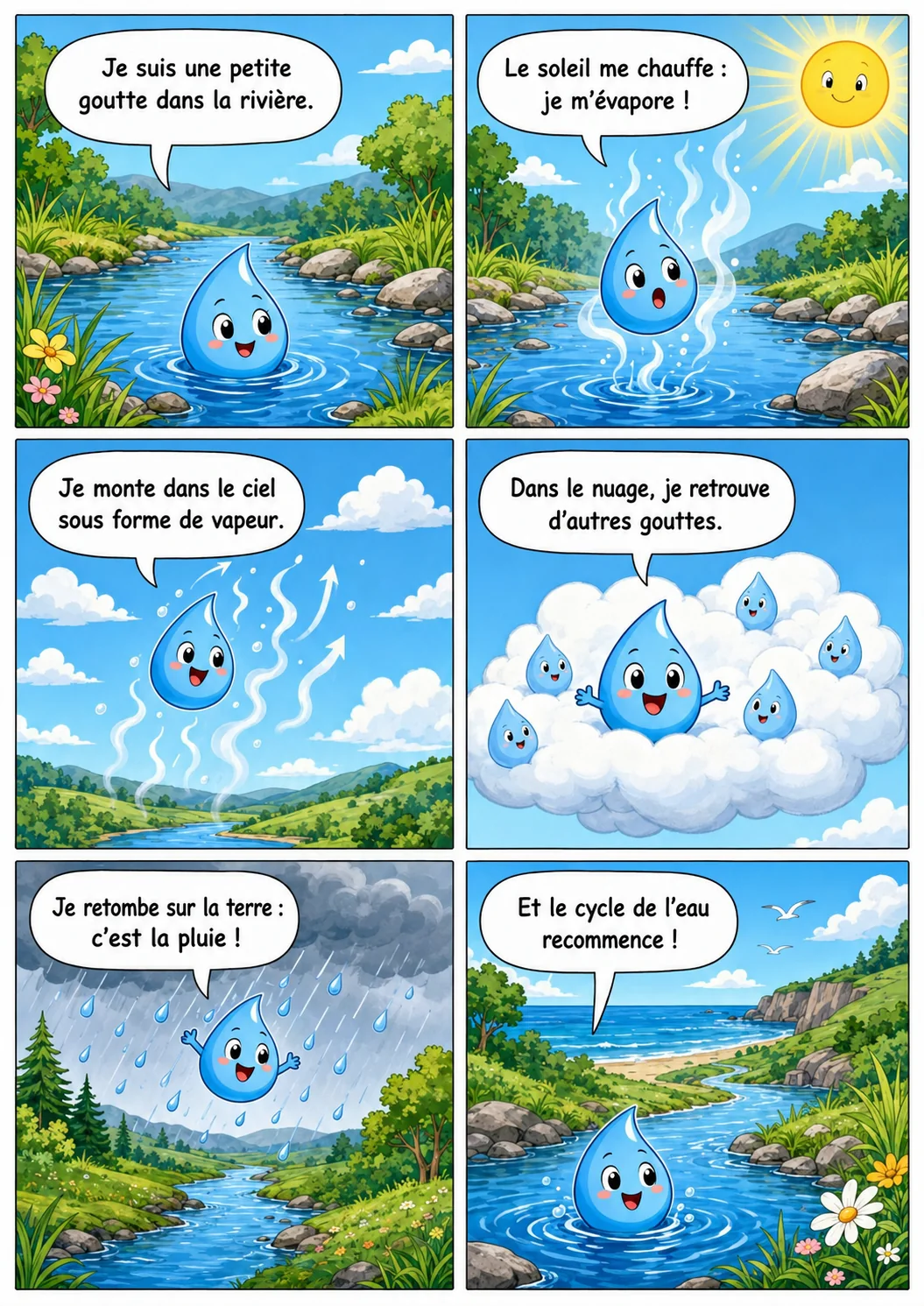 Planche de BD pedagogique expliquant le cycle de l'eau avec une goutte personnifiee