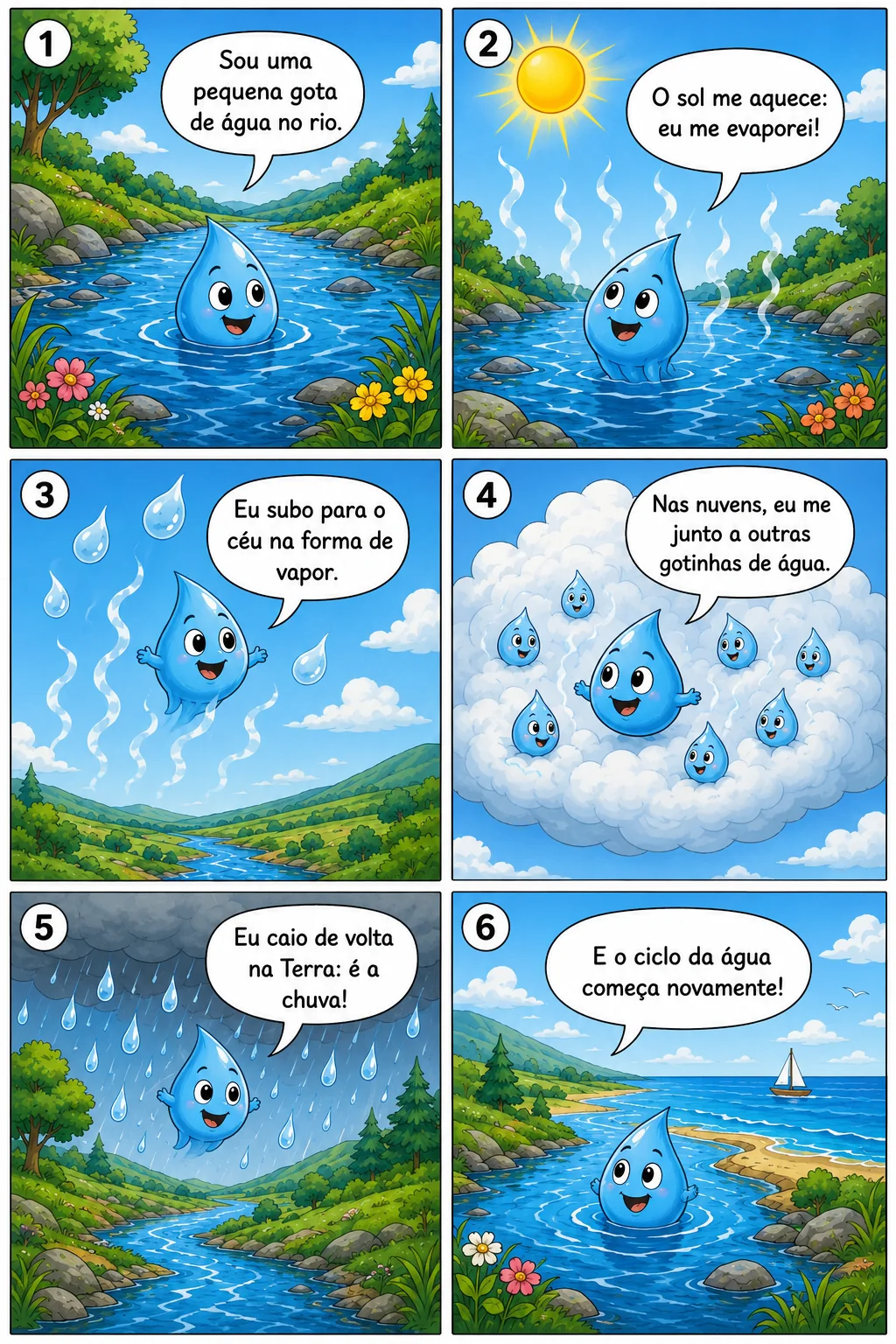 Pagina de banda desenhada pedagogica que explica o ciclo da agua com uma gota personificada