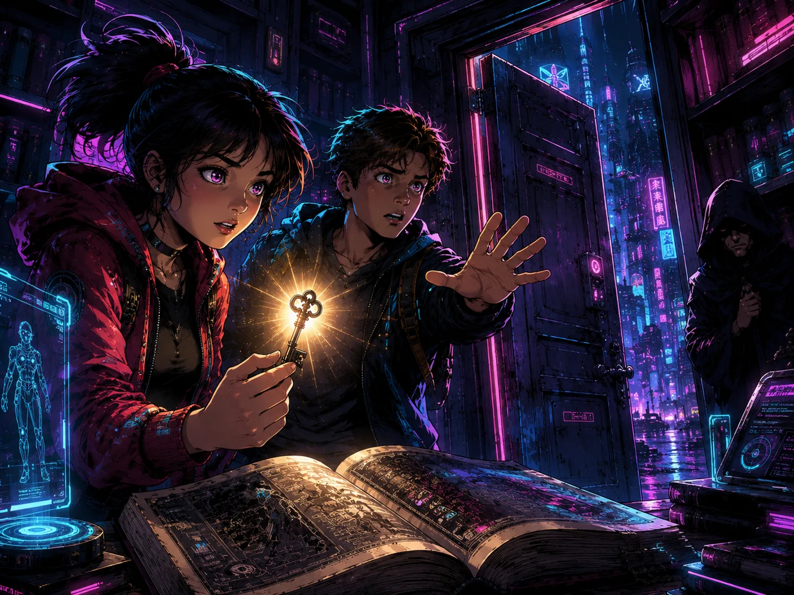Exemple visuel du style Cyberpunk néon futuriste pour une scene de BD