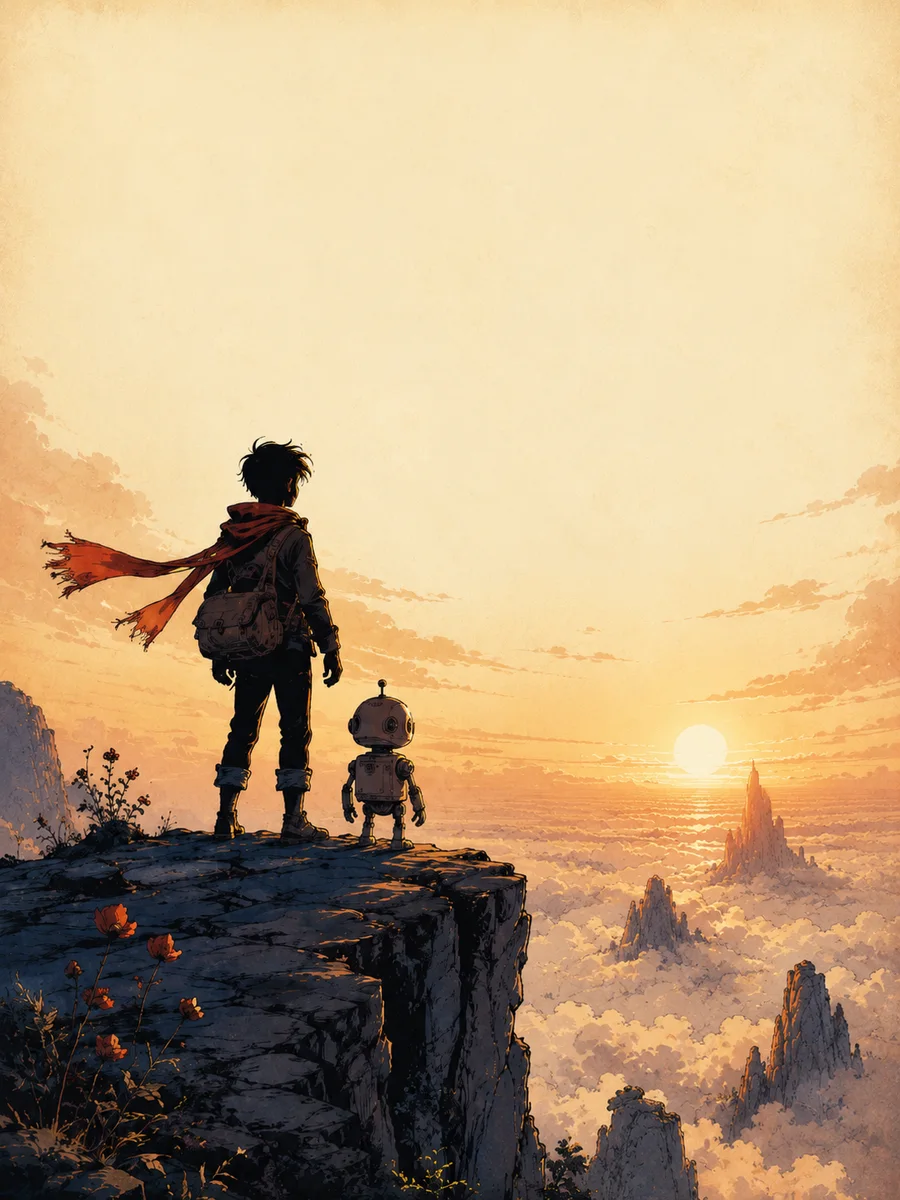 Illustration d'une aventure initiatique avec un jeune explorateur et un robot face a un lever de soleil au-dessus des nuages.