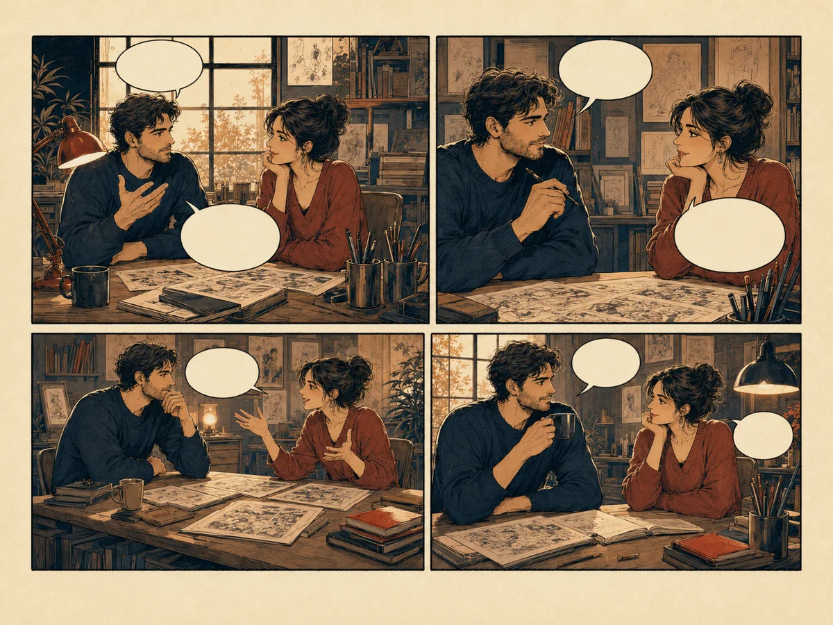 Planche de BD avec personnages, cases et bulles lisibles.