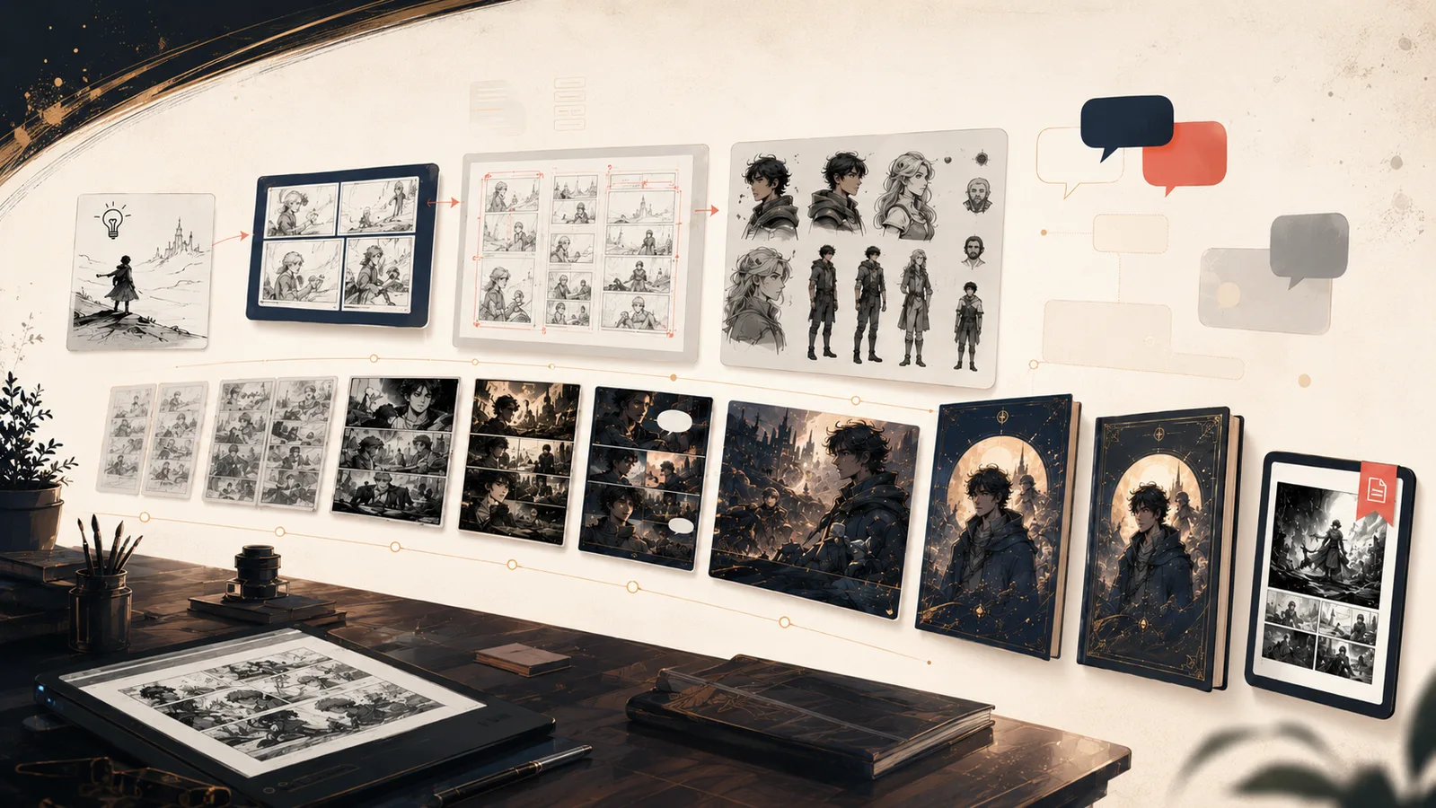 Bandeo Studio workspace showing an AI comic creation path from idea to pages and PDF.