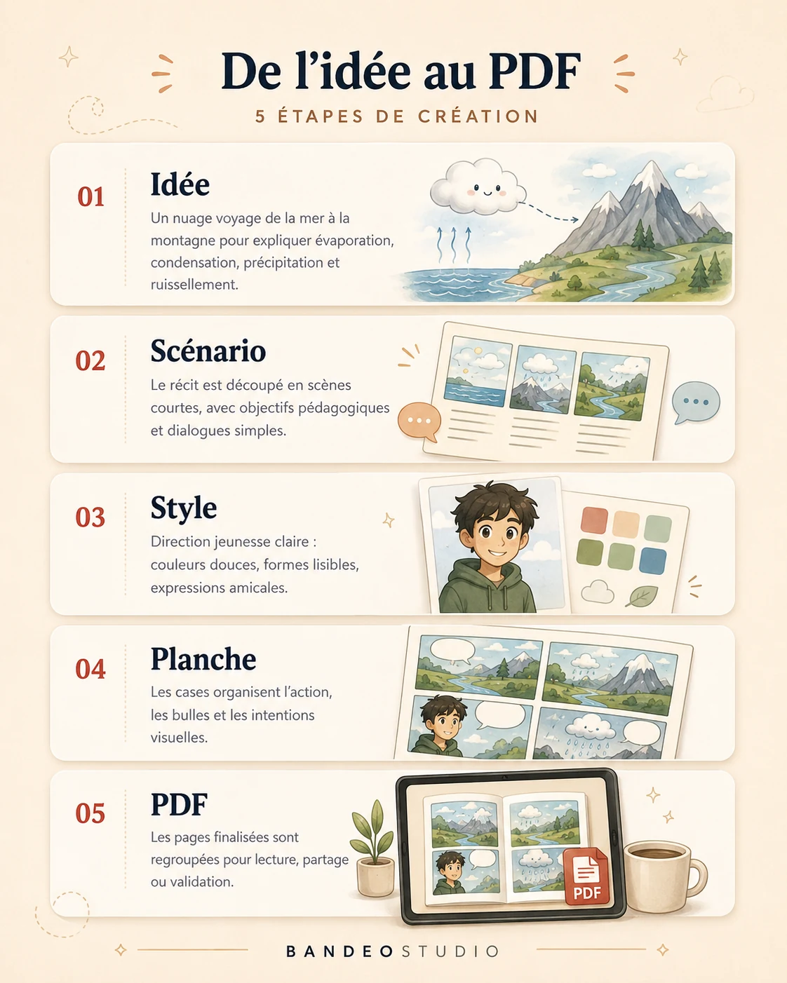 De l'idee au PDF : 5 etapes de creation, idee, scenario, style, planche et PDF.